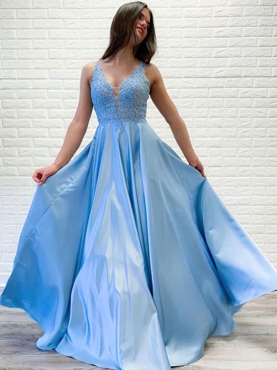 A-line V-neck Silk-like Satin Sweep Train Appliques Lace Prom Dresses #Milly020107390