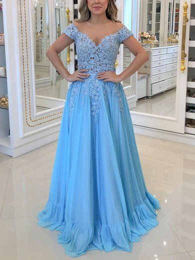 A-line Scoop Neck Chiffon Sweep Train Beading Prom Dresses #Milly020107395