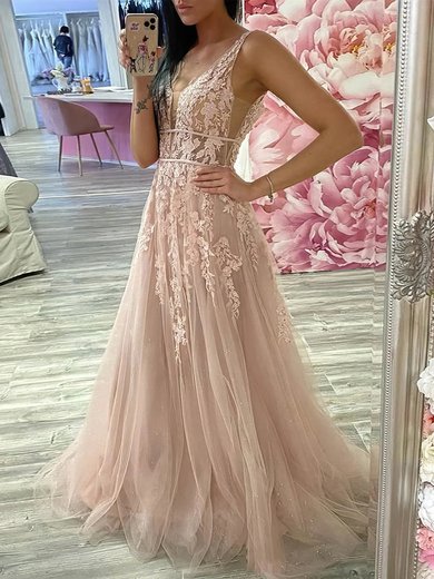 A-line V-neck Tulle Sweep Train Appliques Lace Prom Dresses #Milly020107403
