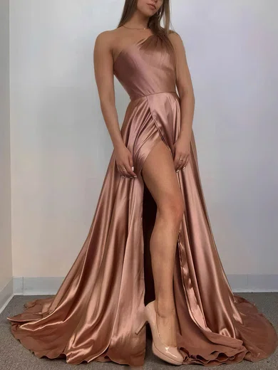 Ball Gown/Princess Sweep Train One Shoulder Silk-like Satin Split Front Prom Dresses #Milly020107408