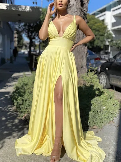 A-line V-neck Silk-like Satin Sweep Train Split Front Prom Dresses #Milly020107409