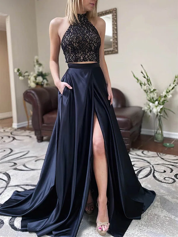 Ball Gown High Neck Lace Silk-like Satin Sweep Train Pockets Prom Dresses #Milly020107411