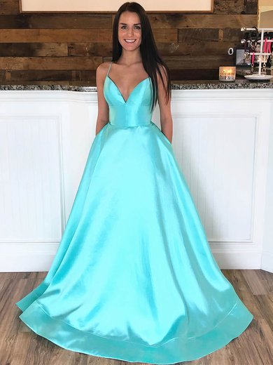 Ball Gown/Princess Sweep Train V-neck Satin Spaghetti Straps Pockets Prom Dresses #Milly020107414