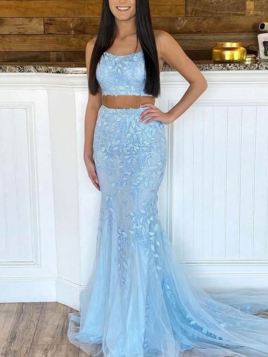 Trumpet/Mermaid Sweep Train Scoop Neck Tulle Appliques Lace Prom Dresses #Milly020107417