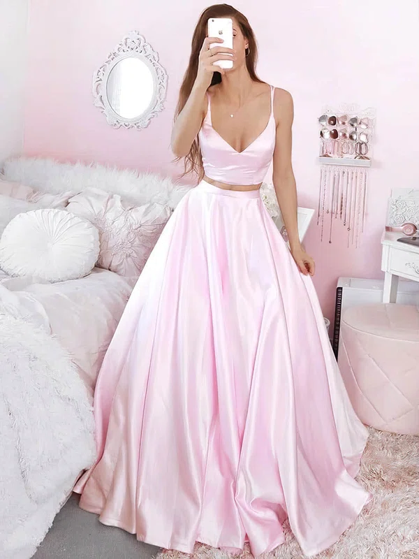 Ball Gown V-neck Satin Floor-length Prom Dresses #Milly020107420