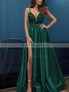 A-line V-neck Satin Sweep Train Appliques Lace Prom Dresses #Milly020107424