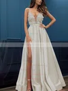 A-line V-neck Satin Sweep Train Appliques Lace Prom Dresses #Milly020107424