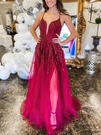 A-line V-neck Tulle Sweep Train Appliques Lace Prom Dresses #Milly020107430
