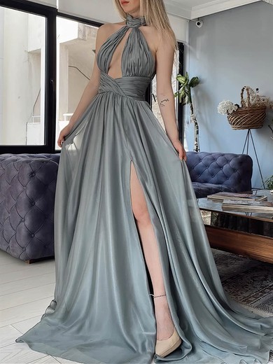 A-line High Neck Chiffon Sweep Train Split Front Prom Dresses #Milly020107432