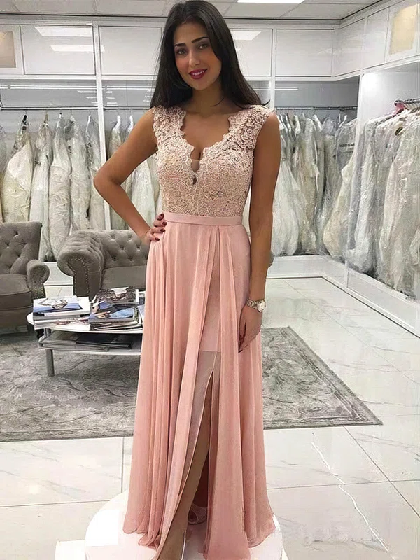 A-line V-neck Chiffon Floor-length Appliques Lace Prom Dresses #Milly020107438