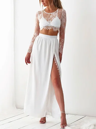 A-line Illusion Lace Chiffon Two Piece Prom Dresses With Long Sleeves #Milly020107441