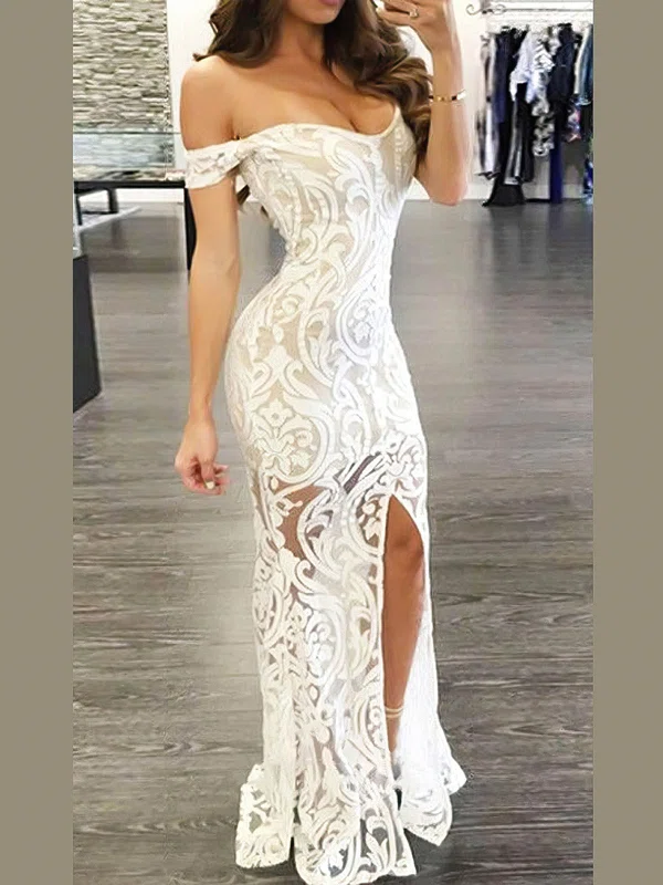 Sheath/Column Floor-length Off-the-shoulder Lace Split Front Prom Dresses #Milly020107444