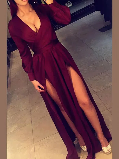 A-line V-neck Silk-like Satin Floor-length Split Front Prom Dresses #Milly020107456