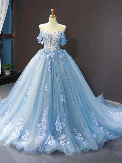 Ball Gown/Princess Off-the-shoulder Tulle Sweep Train Prom Dresses With Appliques Lace S020107457