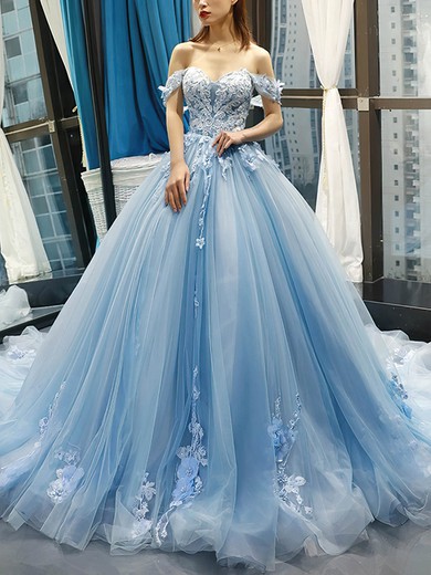 Ball Gown Off-the-shoulder Tulle Sweep Train Beading Prom Dresses #Milly020107457