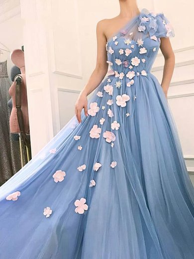 Ball Gown/Princess Sweep Train One Shoulder Tulle Flower(s) Prom Dresses #Milly020107463