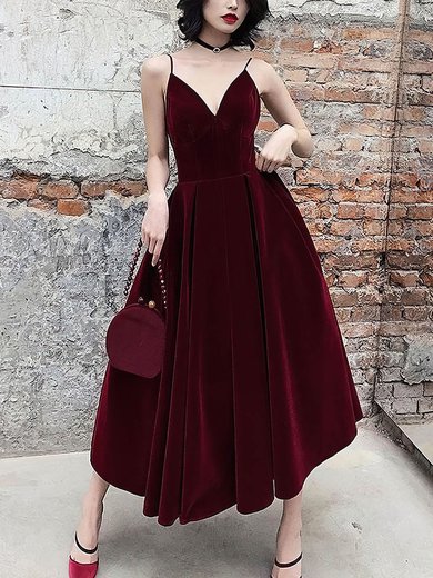 A-line V-neck Velvet Tea-length Prom Dresses #Milly020107468