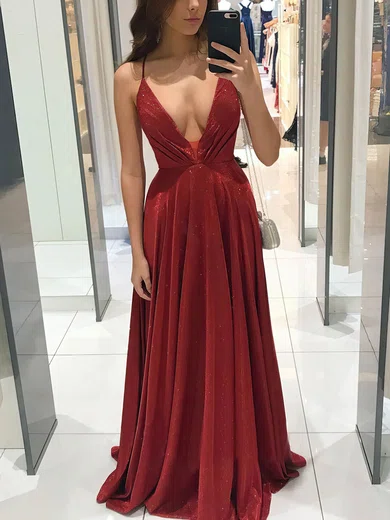 A-line Floor-length V-neck Shimmer Crepe Pockets Prom Dresses #Milly020107473
