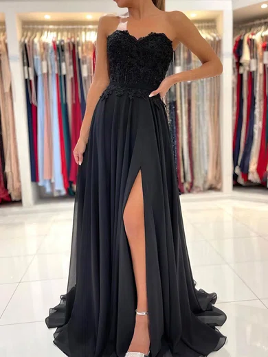 Black A-line Strapless Chiffon Prom Dresses With Appliques #Milly020107474