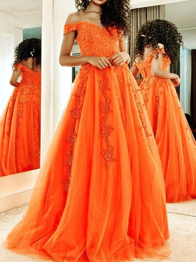 A-line Off-the-shoulder Tulle Sweep Train Beading Prom Dresses #Milly020107484