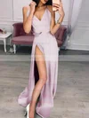 A-line V-neck Silk-like Satin Sweep Train Split Front Prom Dresses #Milly020107485