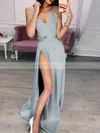 A-line V-neck Silk-like Satin Sweep Train Split Front Prom Dresses #Milly020107485