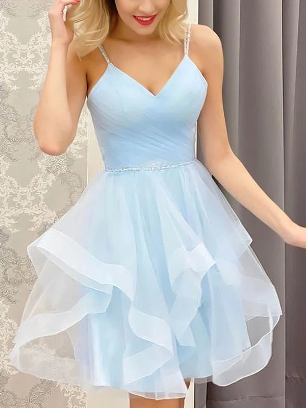A-line V-neck Tulle Short/Mini Prom Dresses #Milly020107488