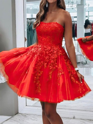 A-line Strapless Tulle Short/Mini Appliques Lace Short Prom Dresses #Milly020107489