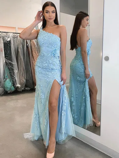 Sheath/Column One Shoulder Tulle Sweep Train Split Front Prom Dresses #Milly020107490