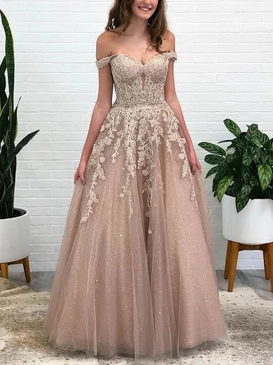Ball Gown Off-the-shoulder Floor-length Tulle Prom Dresses With Appliques #Milly020107495