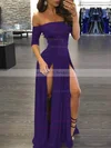 A-line Off-the-shoulder Silk-like Satin Sweep Train Split Front Prom Dresses #Milly020107500