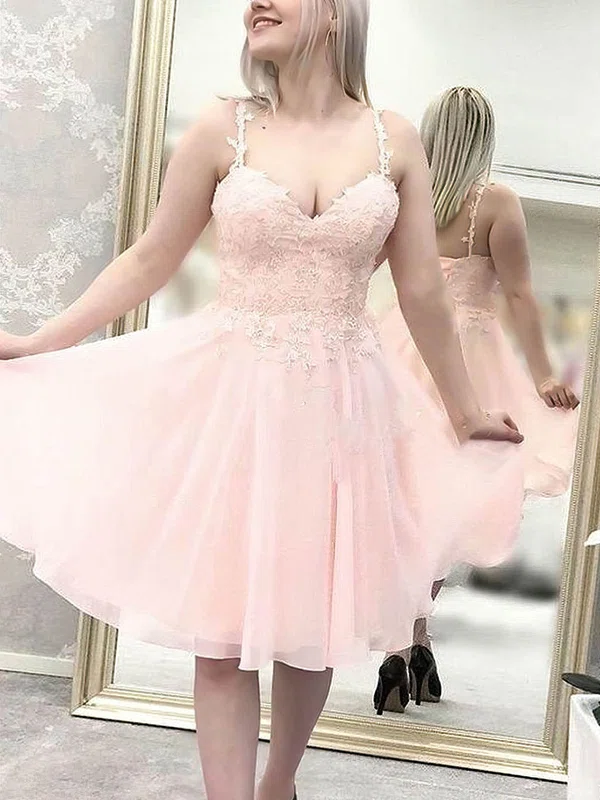 A-line V-neck Chiffon Short/Mini Appliques Lace Prom Dresses #Milly020107506