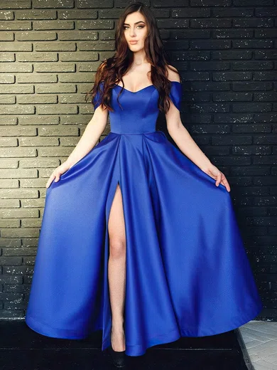 A-line Off-the-shoulder Satin Sweep Train Split Front Prom Dresses #Milly020107513