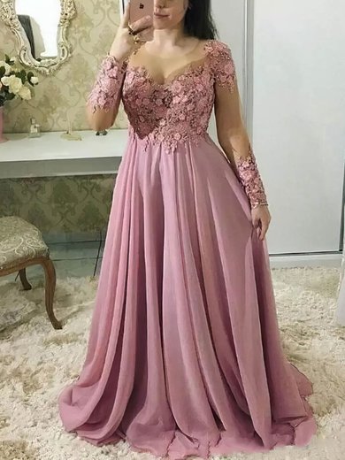 A-line Scalloped Neck Chiffon Sweep Train Appliques Lace Prom Dresses #Milly020107528