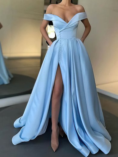 A-line Off-the-shoulder Satin Sweep Train Pockets Prom Dresses #Milly020107529