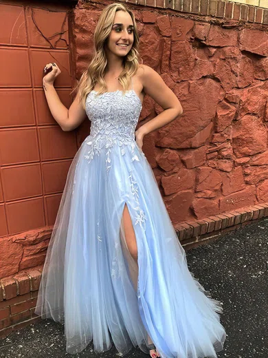 A-line Square Neckline Tulle Floor-length Appliques Lace Prom Dresses #Milly020107531