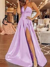 A-line Strapless Silk-like Satin Sweep Train Split Front Prom Dresses #Milly020107532