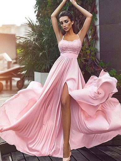 A-line Square Neckline Silk-like Satin Sweep Train Appliques Lace Prom Dresses #Milly020107533
