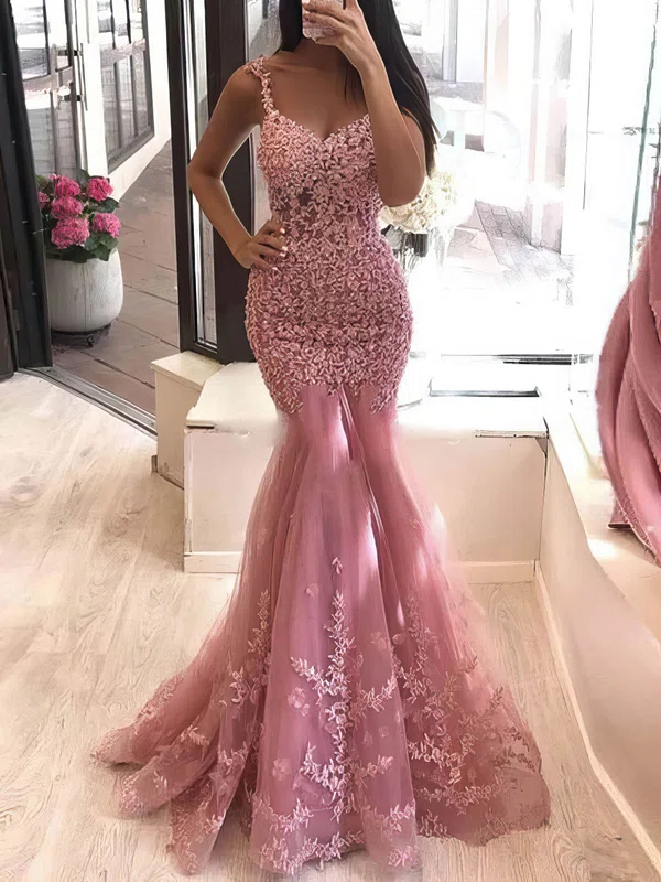 Trumpet/Mermaid Sweep Train V-neck Tulle Beading Prom Dresses #Milly020107534