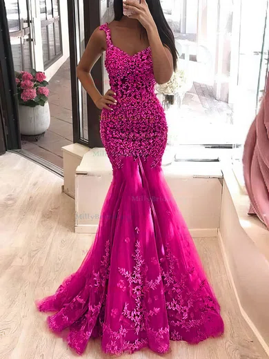 V Neck Trumpet Mermaid Purple Tulle Appliques Prom Dress