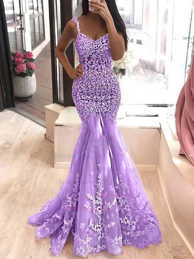 Purple Tulle Appliques Beading V Neck Prom Formal Dress
