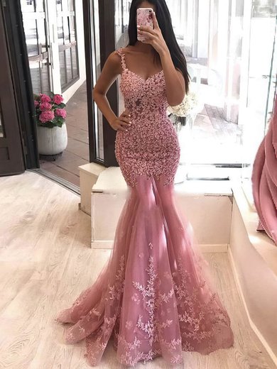 Trumpet/Mermaid V-neck Tulle Sweep Train Prom Dresses With Beading S020107534