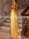 A-line V-neck Silk-like Satin Sweep Train Split Front Prom Dresses #Milly020107536