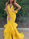 Trumpet/Mermaid V-neck Silk-like Satin Sweep Train Appliques Lace Prom Dresses #Milly020107543