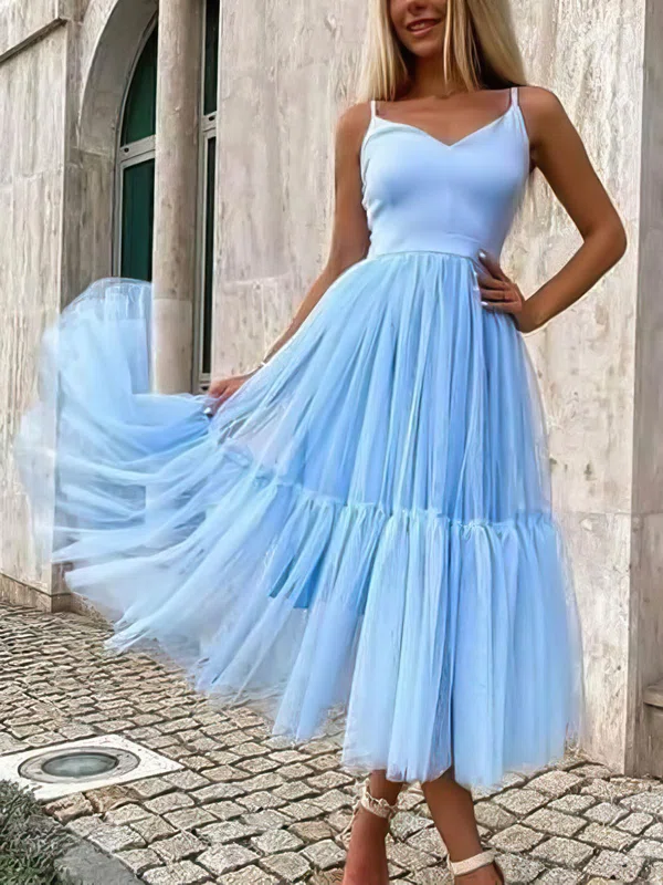Ball Gown/Princess Tea-length V-neck Tulle Elegant Prom Dresses #Milly020107552