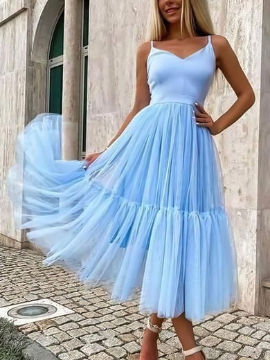 A-line V-neck Tulle Tea-length Homecoming Dresses #Milly020107552