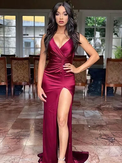 Sheath/Column Sweep Train V-neck Silk-like Satin Ruffles Prom Dresses #Milly020107554