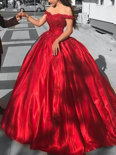 Ball Gown/Princess Floor-length Off-the-shoulder Satin Appliques Lace Prom Dresses #Milly020107561