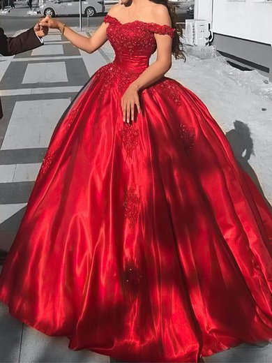 Ball Gown/Princess Floor-length Off-the-shoulder Satin Appliques Lace Prom Dresses #Milly020107561