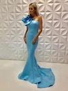 Trumpet/Mermaid One Shoulder Satin Sweep Train Ruffles Prom Dresses #Milly020107567